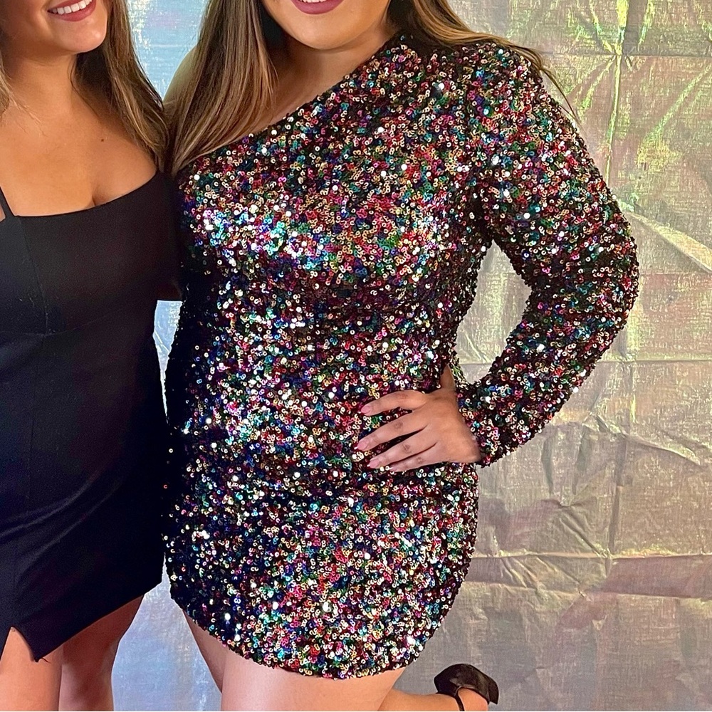 Sequin multicolor one shoulder mini dress size 1XL